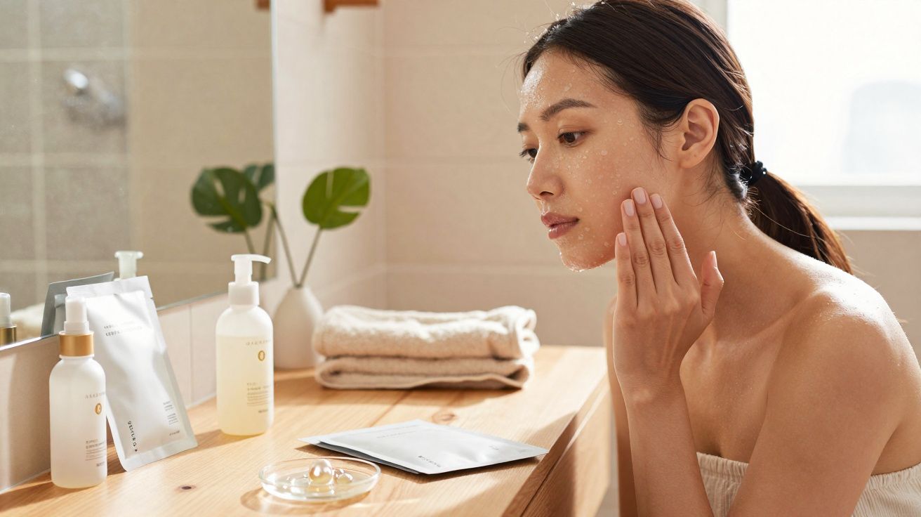 Mulher aplicando creme facial em banheiro com toalhas e produtos de skincare em bancada de madeira.