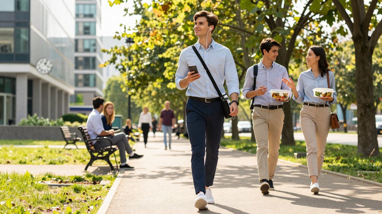 Três jovens profissionais caminhando e conversando em área verde urbana, duas pessoas sentadas em banco ao fundo.