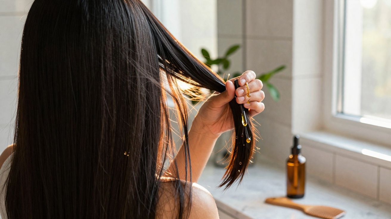Pessoa aplicando óleo capilar nas pontas do cabelo em ambiente claro com janela ao fundo.
