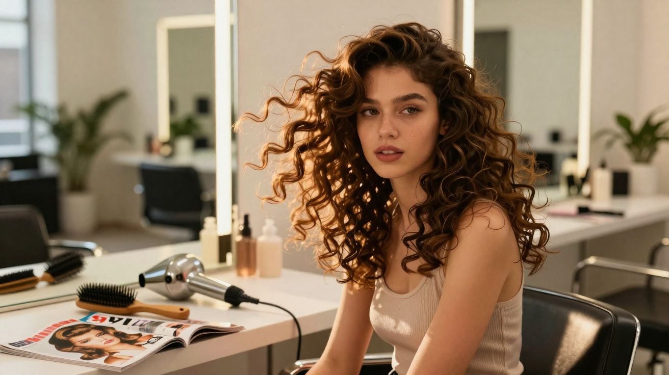 Jovem com cabelos cacheados soltos sentada em salão de beleza, com secador e revista na bancada.