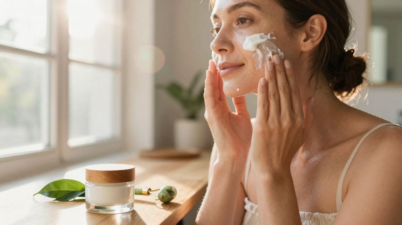 Mulher aplicando creme facial com jarra de creme e massageador de jade sobre mesa perto da janela.
