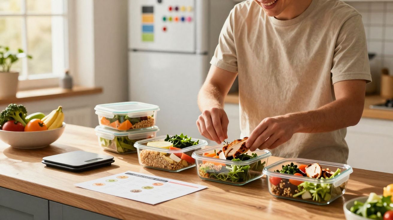 Pessoa preparando salada em potes plásticos transparentes sobre bancada de cozinha iluminada.