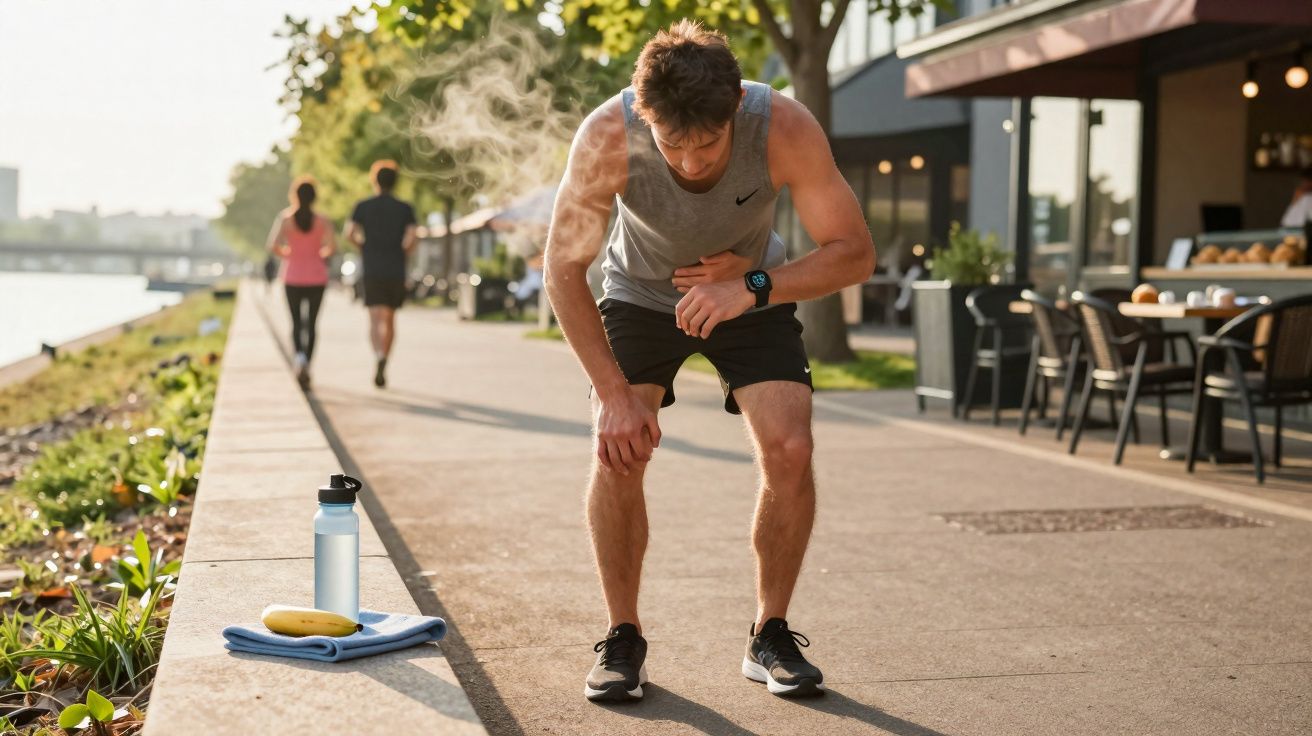 Homem cansado e suando após corrida em calçada ao lado de rio, com garrafa, banana e toalha ao lado.
