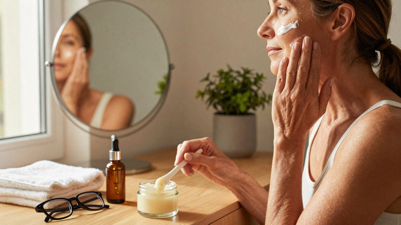 Mulher aplicando creme facial sentada à frente de uma mesa com espelho, óculos e frascos de cosméticos.