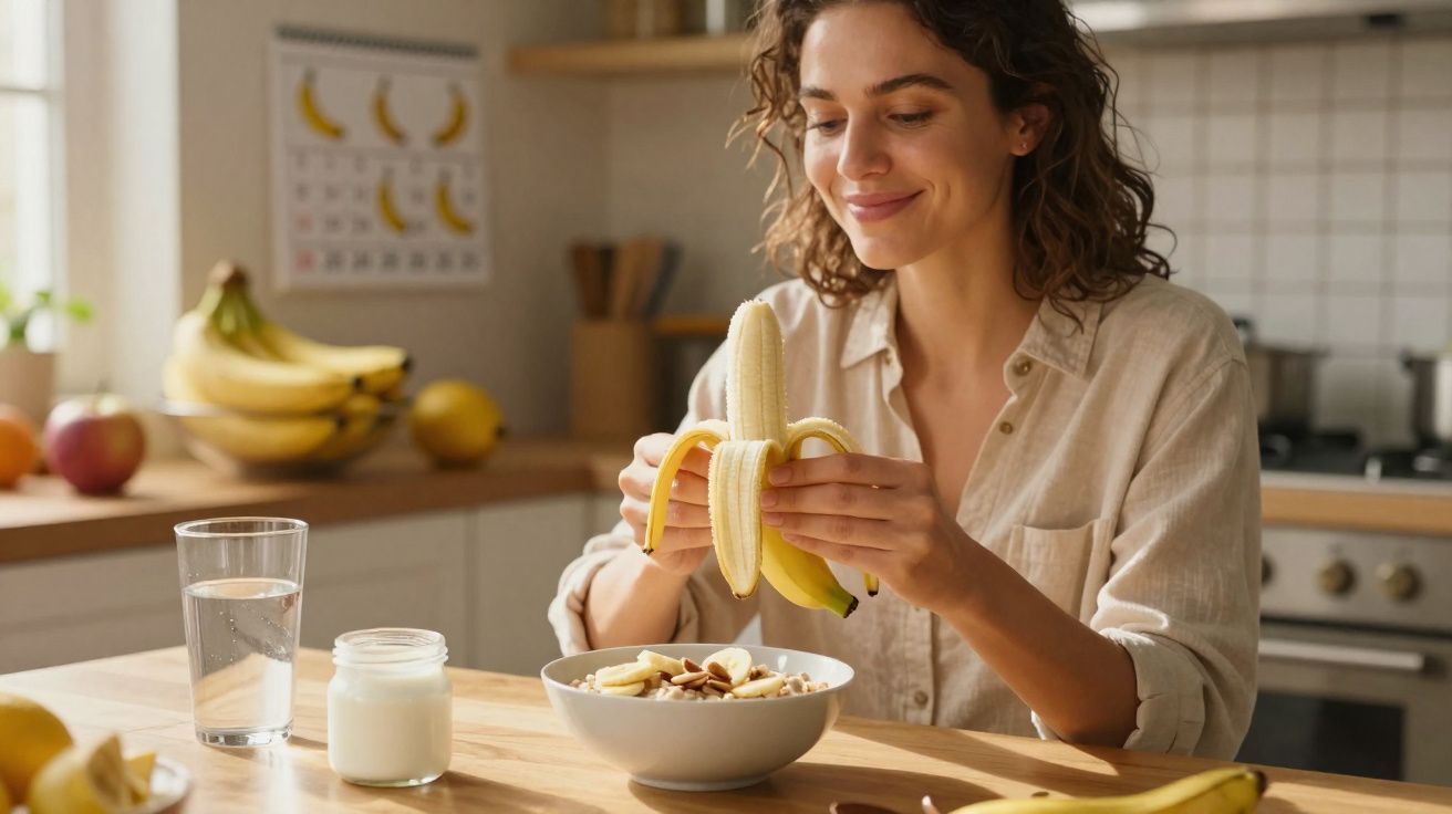 Mulher sorrindo descascando banana para adicionar em tigela de cereal na cozinha iluminada.