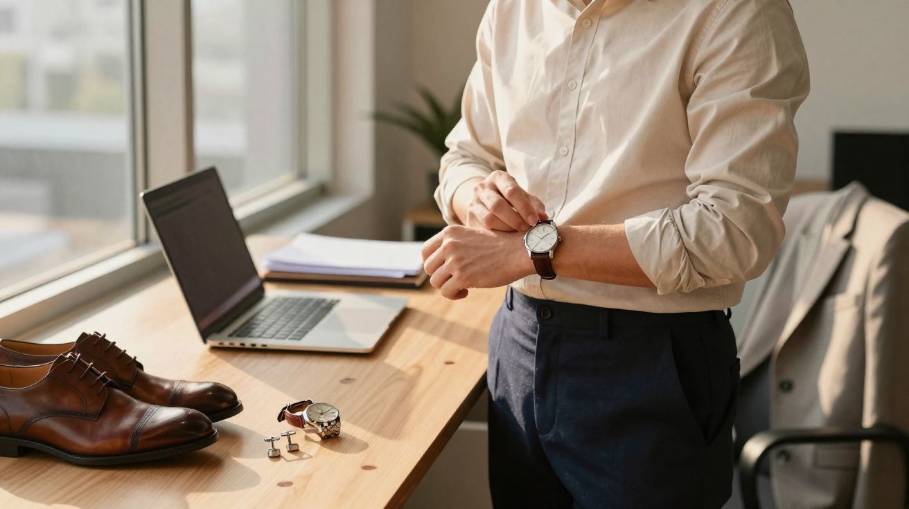 Homem ajusta relógio de pulso em escritório com sapatos, laptop e acessórios sobre mesa de madeira.