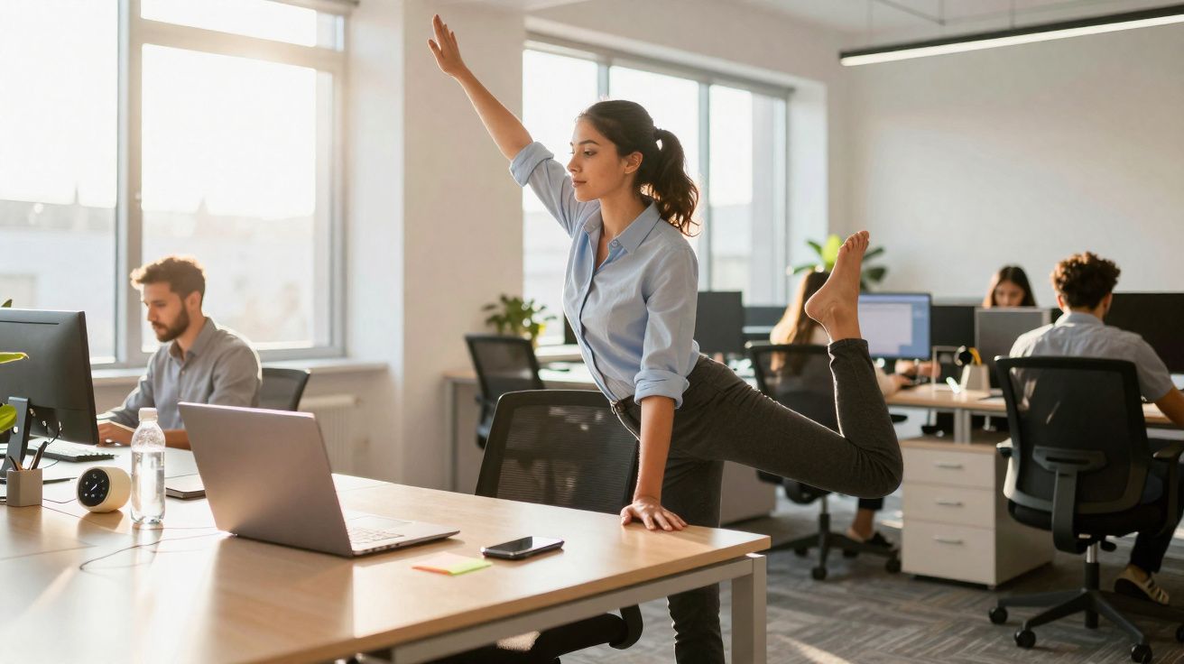 Mulher fazendo alongamento apoiada em mesa em escritório com colegas trabalhando ao fundo.