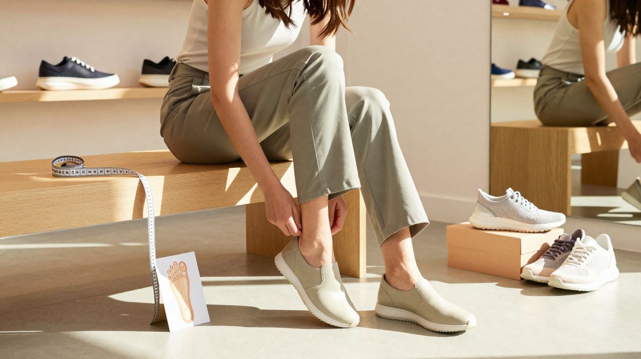 Mulher experimentando sapato cinza claro sentado em banco de madeira em loja de calçados.