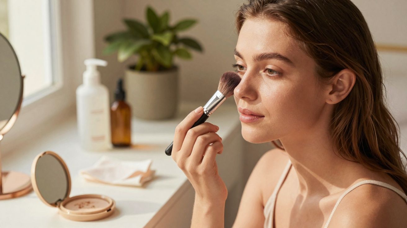 Mulher aplicando maquiagem no rosto com pincel, sentada perto de janela iluminada.
