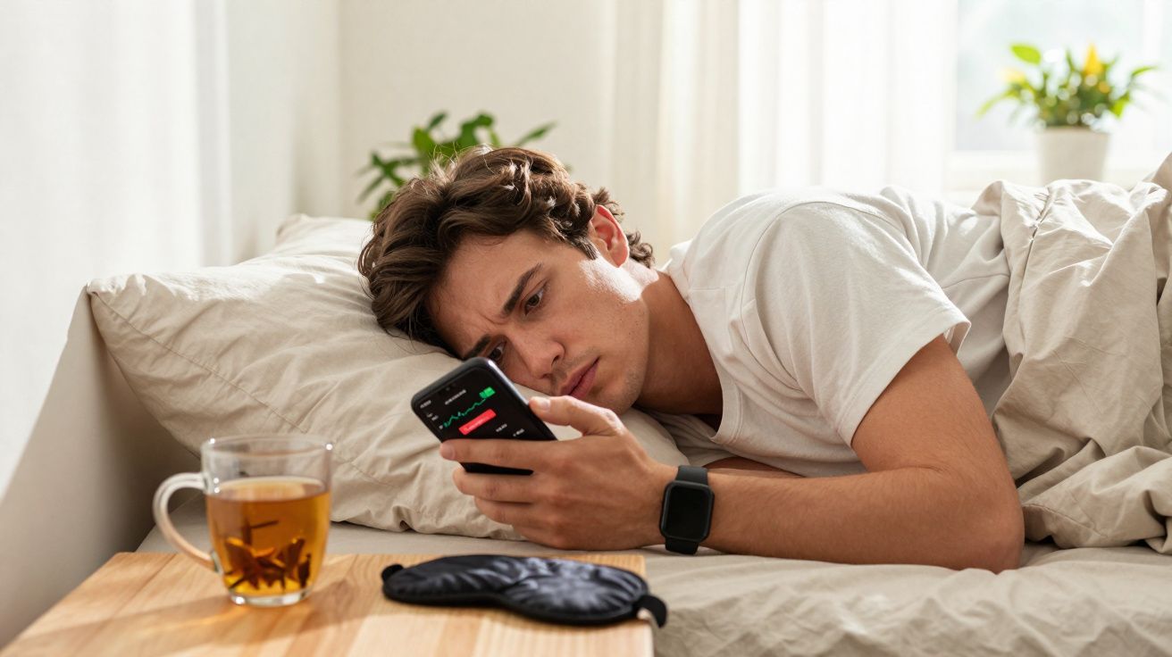 Jovem deitado na cama olhando preocupação para gráfico financeiro no celular pela manhã.