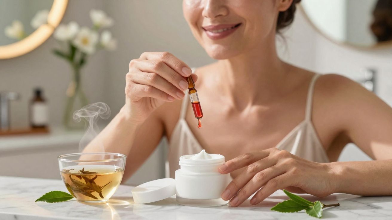Mulher aplicando sérum em creme facial ao lado de xícara de chá com folhas verdes sobre mesa branca.
