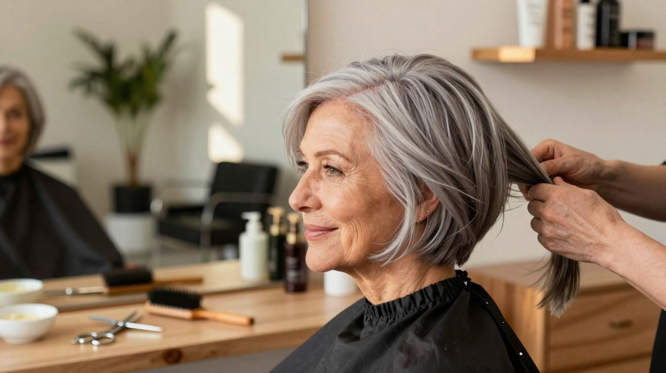 Mulher idosa sorrindo enquanto cabeleireiro segura seu cabelo em salão de beleza moderno.