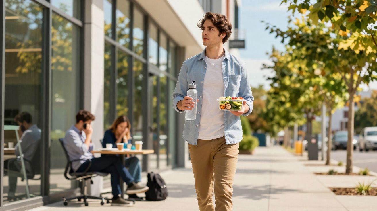 Jovem caminhando na calçada com garrafa de água e marmita, enquanto duas pessoas conversam em mesa do lado de fora.