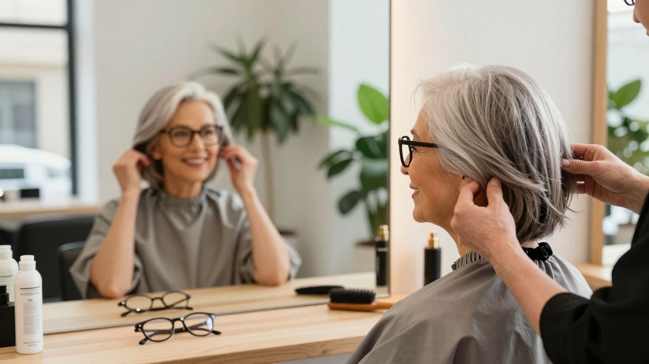 Mulher idosa com cabelo grisalho sendo atendida por cabeleireiro em salão, olhando no espelho e sorrindo.