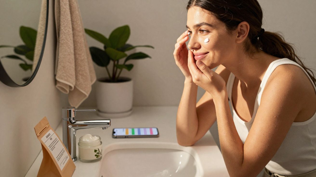 Mulher sorrindo aplica creme facial em frente ao espelho em banheiro iluminado e decorado com planta.