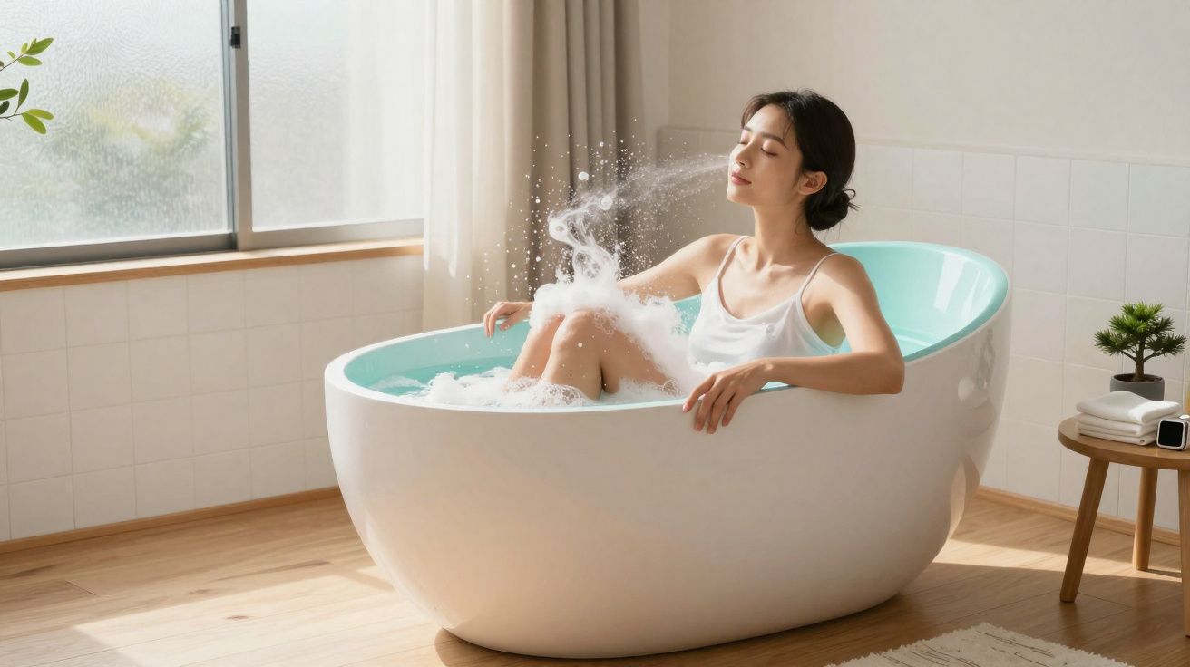 Mulher relaxando em banheira branca com espuma em banheiro iluminado por janela grande.