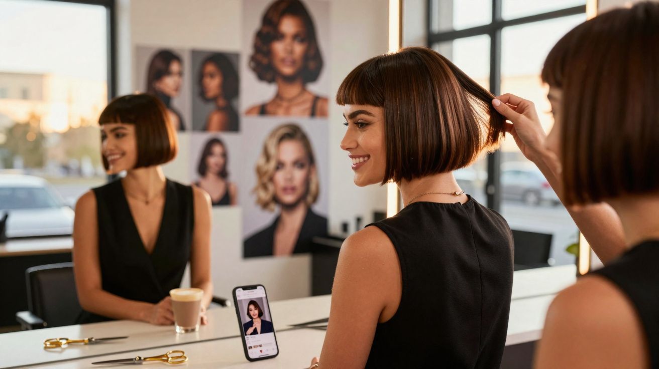 Mulher com cabelo curto e vestido preto sorri enquanto verifica penteado em seu celular no salão de beleza.