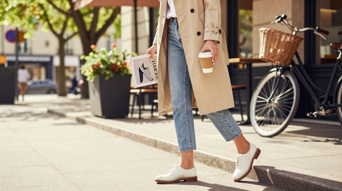 Pessoa caminhando na calçada com trench coat bege, jeans e sapatos brancos, segurando café e revista.