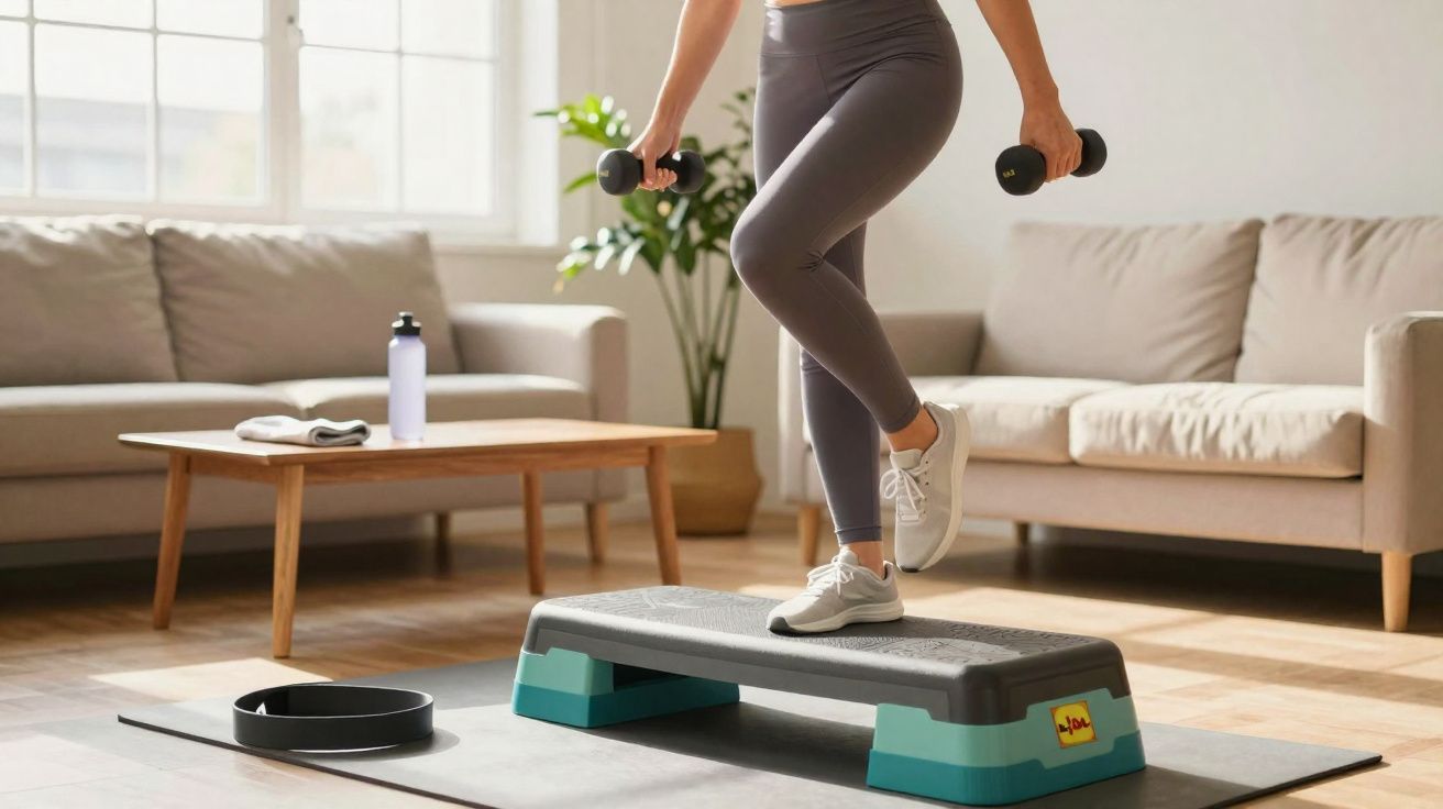 Pessoa fazendo exercício com step e pesos em sala iluminada com sofá e mesa de centro ao fundo.