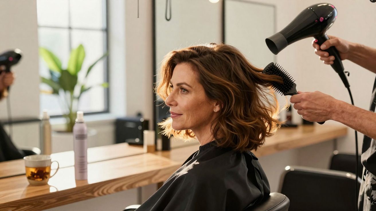 Mulher com cabelo curto sendo secada e escovada por profissional em salão de beleza moderno.