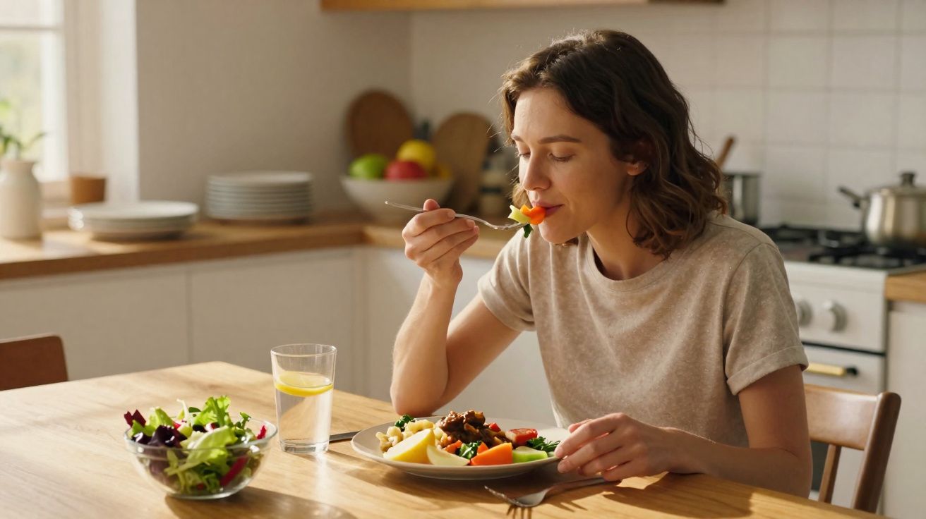Mulher comendo refeição saudável em cozinha moderna, mesa com salada e copo de água com limão.