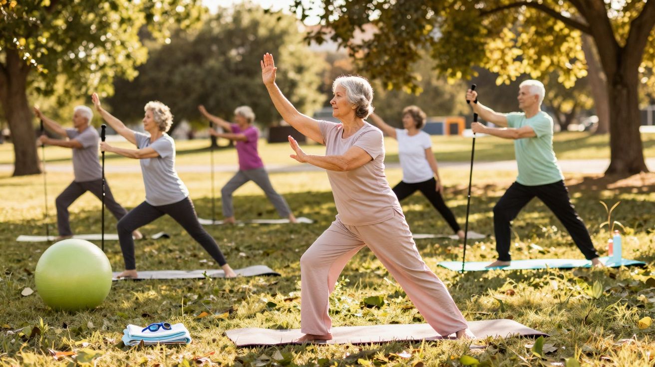 Grupo de idosos praticando exercícios ao ar livre em parque ensolarado.