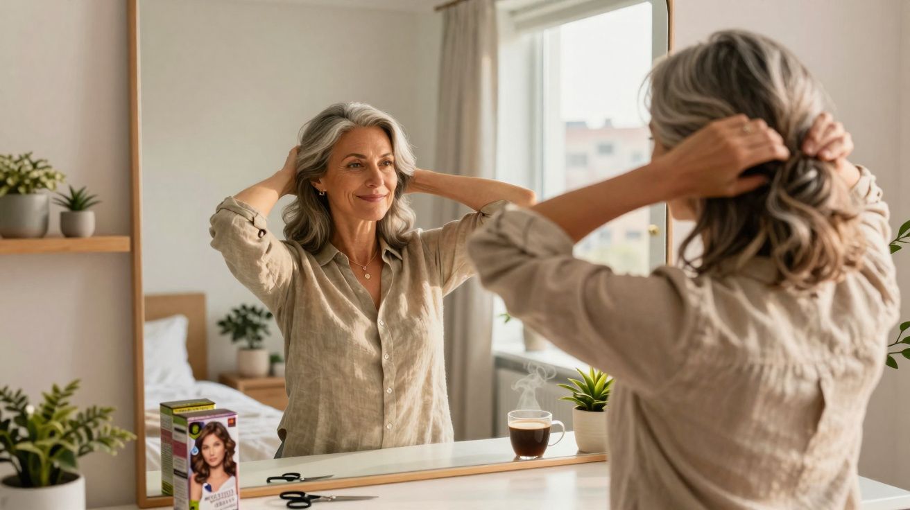 Mulher sorridente arrumando o cabelo na frente do espelho em um quarto iluminado.
