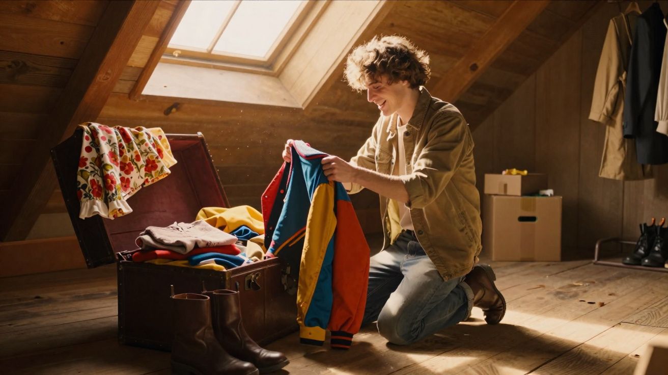 Homem sorridente organiza roupas coloridas dentro de uma mala antiga em sótão iluminado por claraboia.