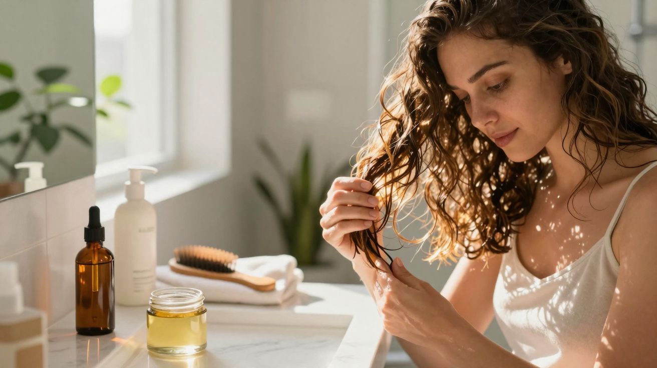 Mulher cuidando do cabelo cacheado em banheiro iluminado, com frascos e escova sobre a bancada.