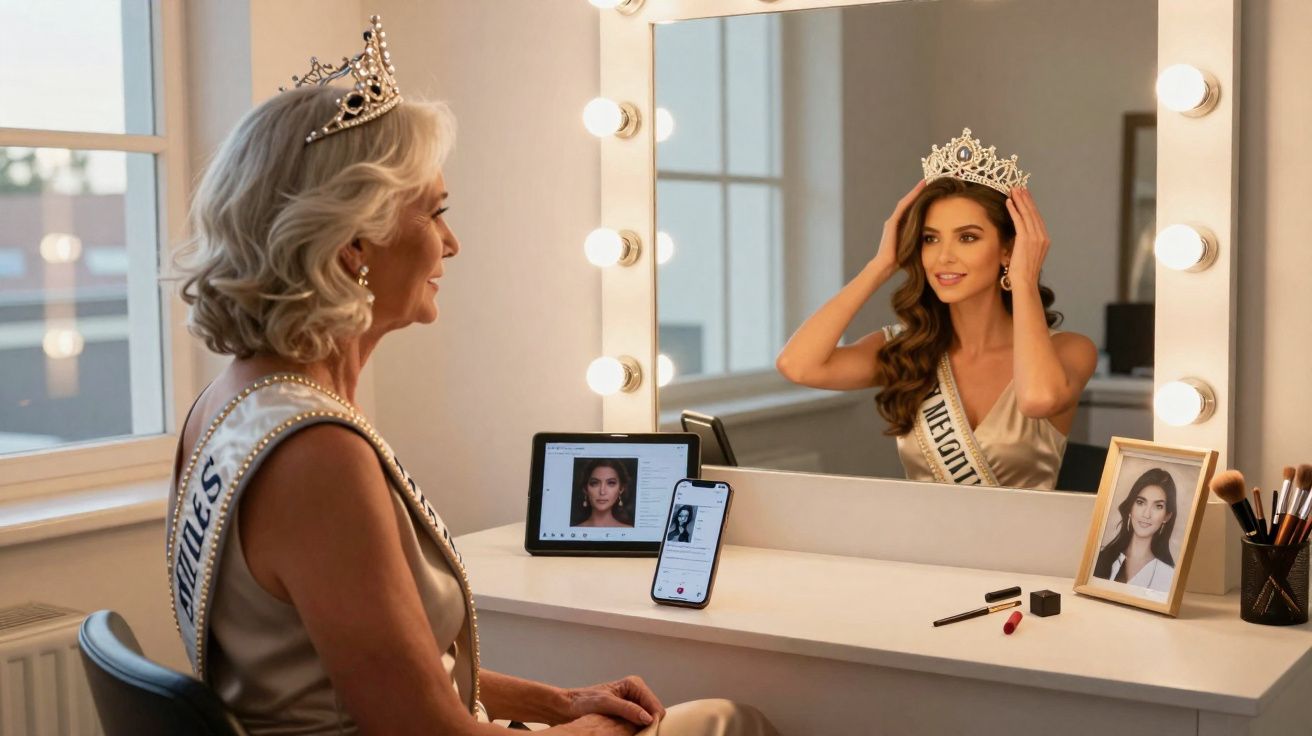 Duas mulheres usando vestes de concurso de beleza, uma mais velha com coroa e faixa, outra mais jovem no espelho.