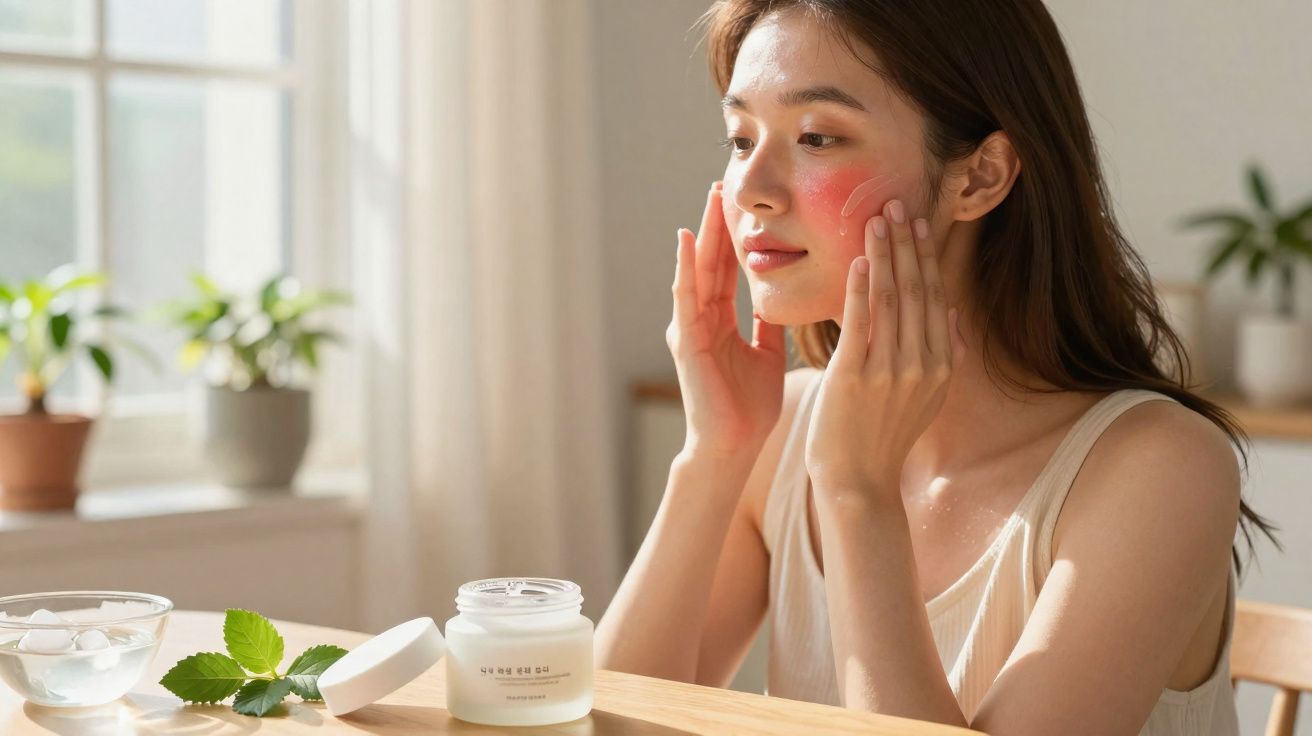 Mulher aplicando creme facial em ambiente iluminado próximo a pote de creme e plantas.