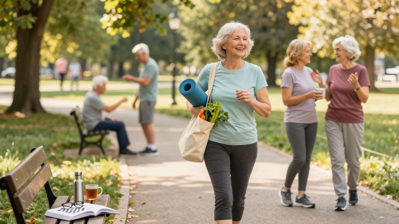 Mulher idosa sorrindo caminha em parque com bolsa e tapete de yoga, enquanto outras pessoas conversam ao fundo.
