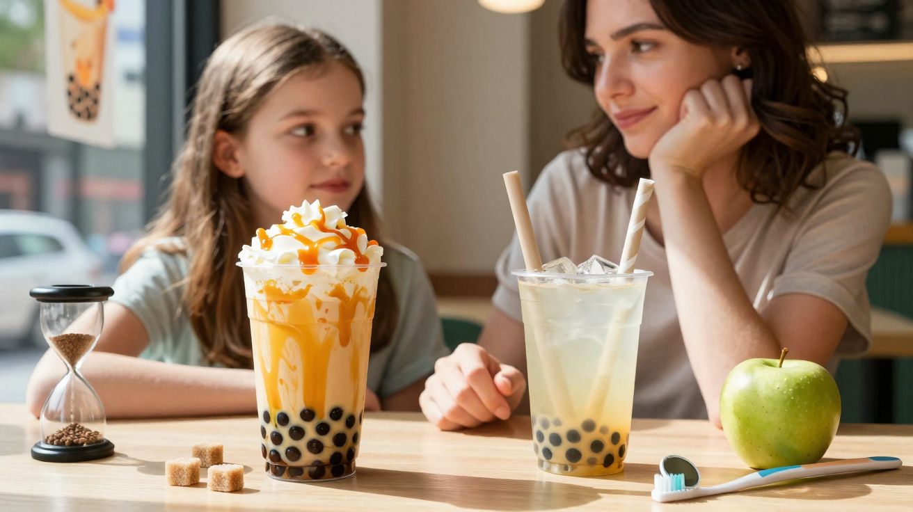 Duas pessoas sentadas em uma mesa com bebidas bubble tea, maçã verde e escova de dente.
