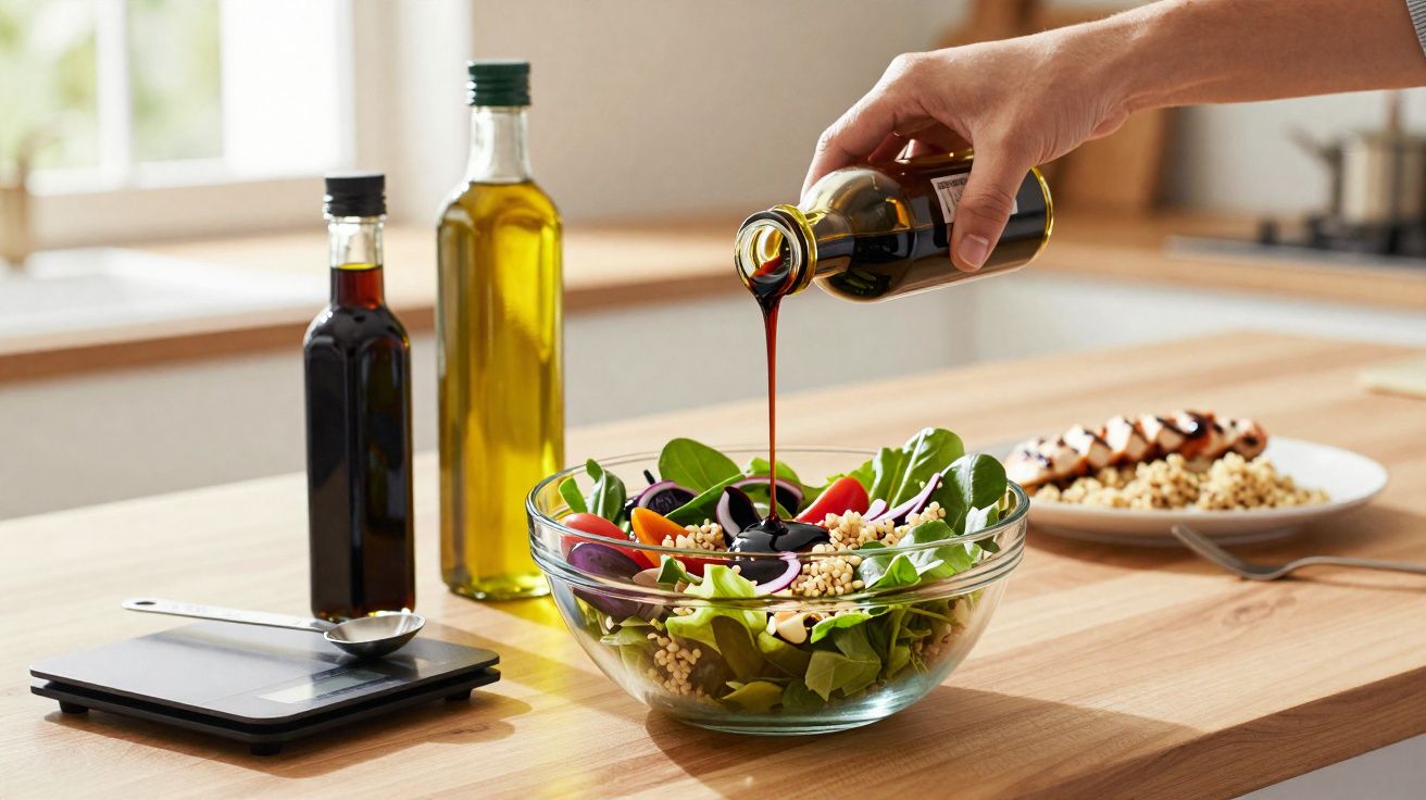 Pessoa despejando molho balsâmico em salada com folhas e tomates em tigela de vidro na cozinha.
