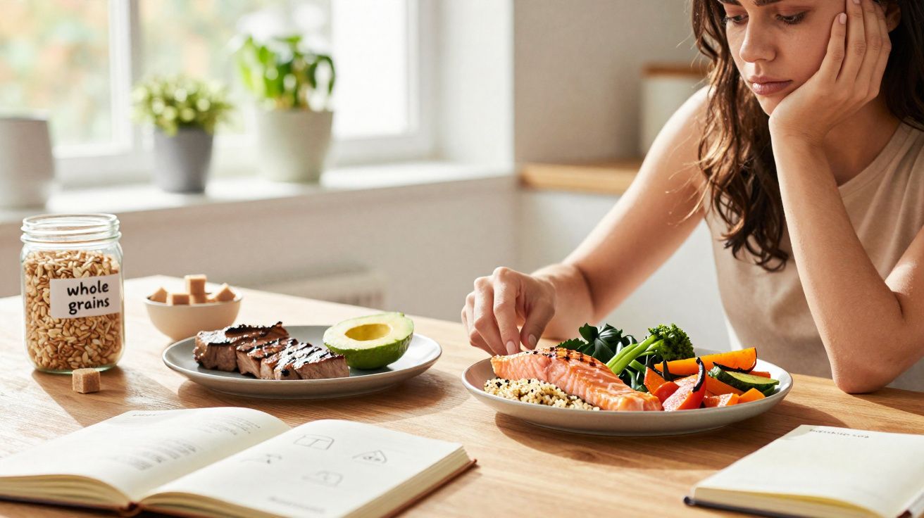 Mulher sentada à mesa com pratos de comida saudável e livros abertos em ambiente iluminado por janela.