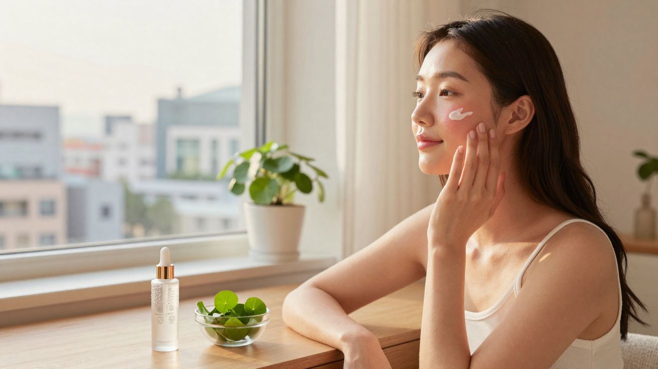 Mulher aplicando creme facial sentada perto da janela em ambiente iluminado e tranquilo.