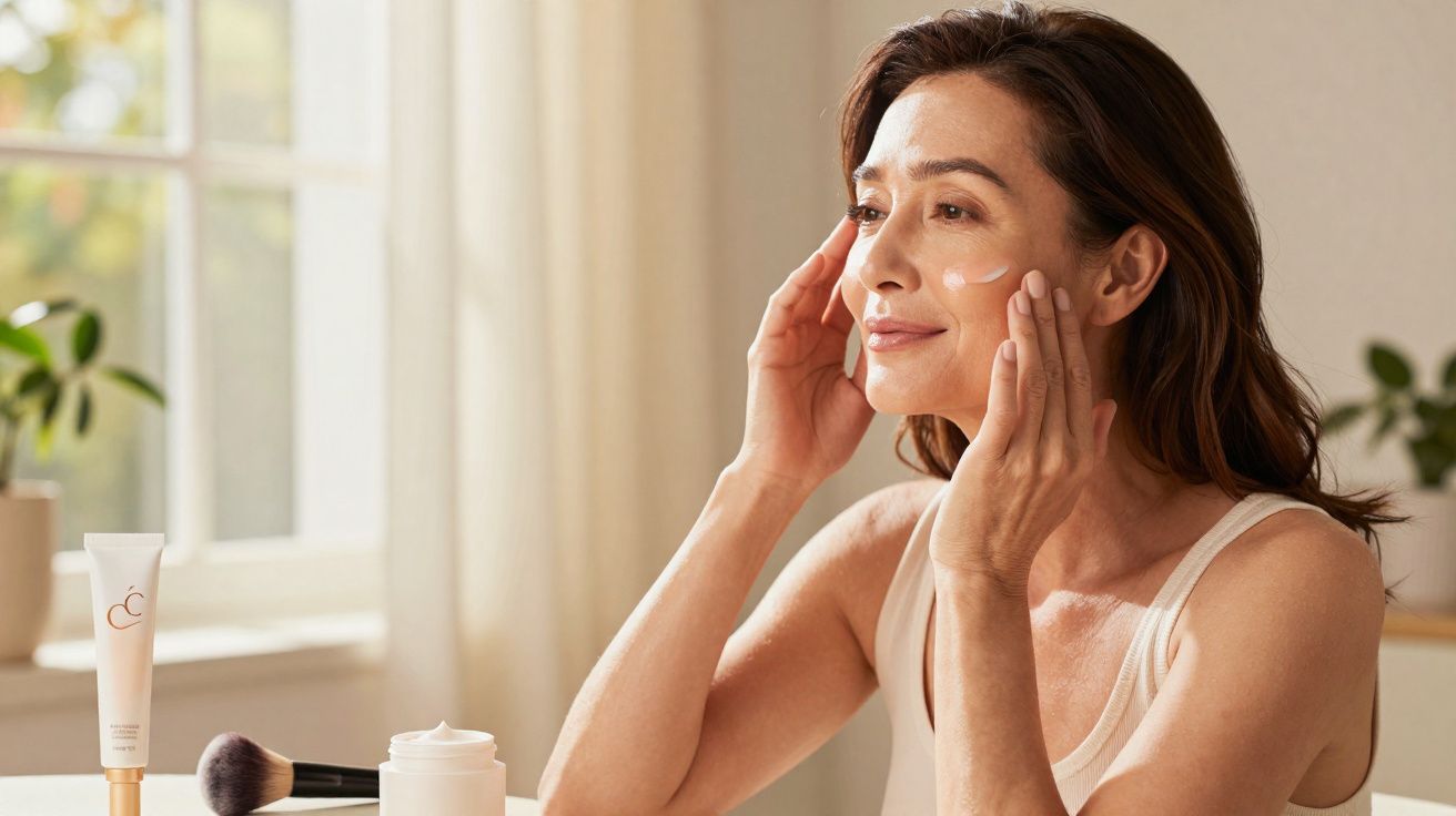 Mulher sorridente aplicando creme no rosto em ambiente iluminado e acolhedor.