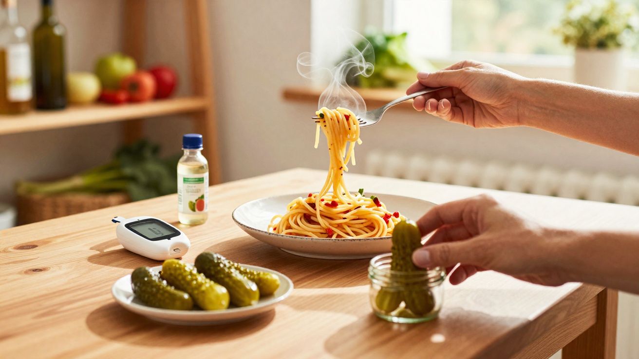 Pessoa segurando garfo com espaguete fumegante e pegando picles em pote, mesa de madeira com alimentos.