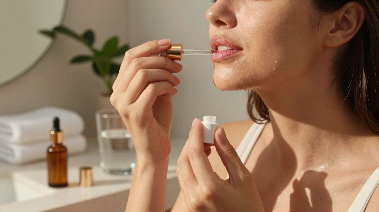 Mulher aplicando sérum facial com conta-gotas no rosto em ambiente claro e aconchegante.