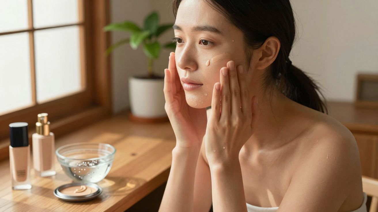 Mulher aplicando hidratante no rosto com frascos de cosméticos e tigela sobre mesa de madeira.