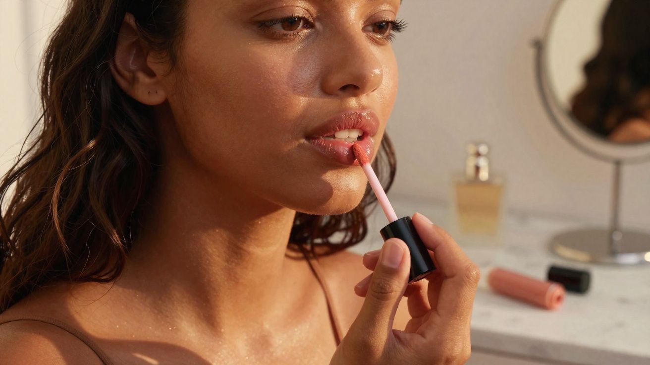 Mulher aplicando gloss labial rosa com espelho e perfume ao fundo em bancada branca.