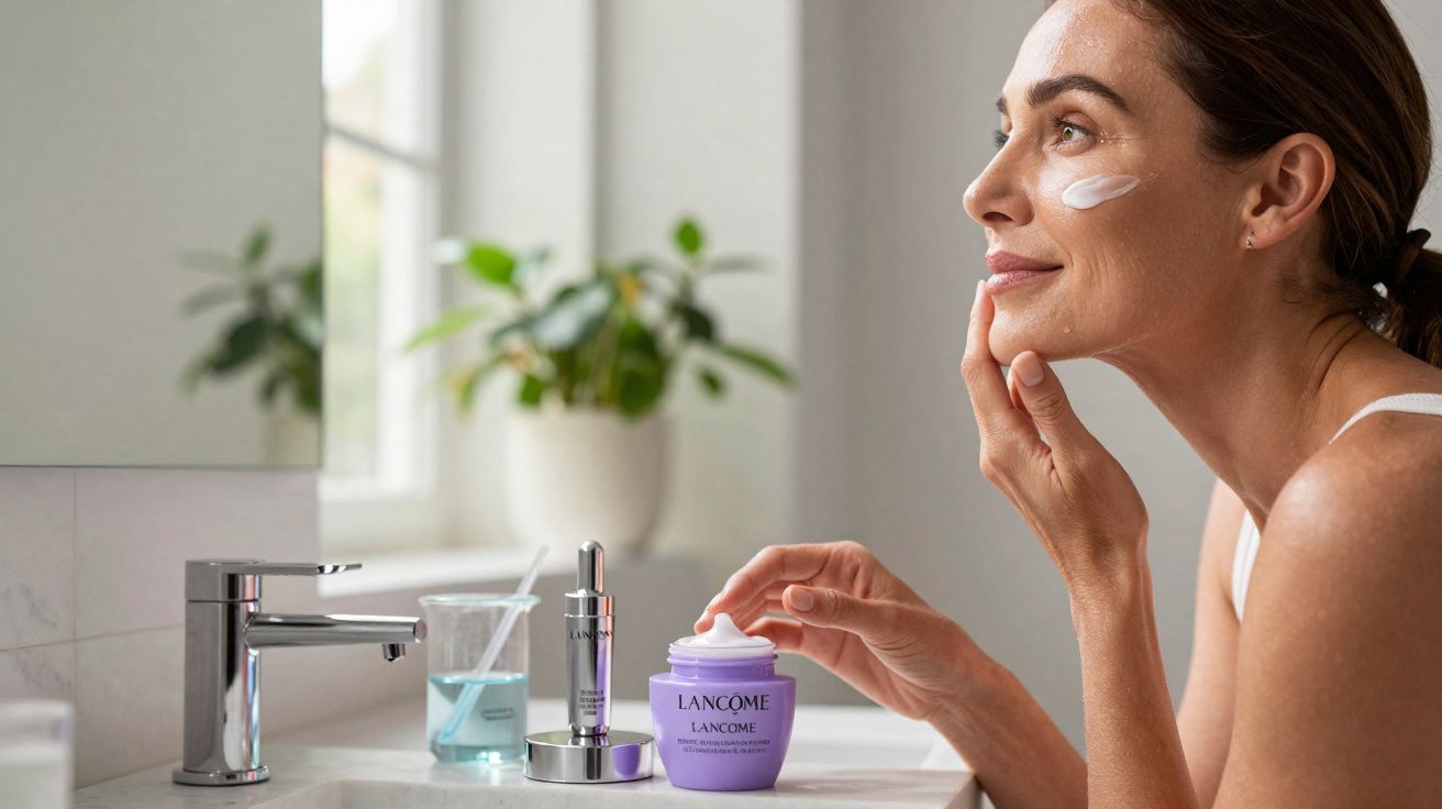Mulher aplicando creme facial no rosto em banheiro iluminado, com produtos Lancôme no balcão.