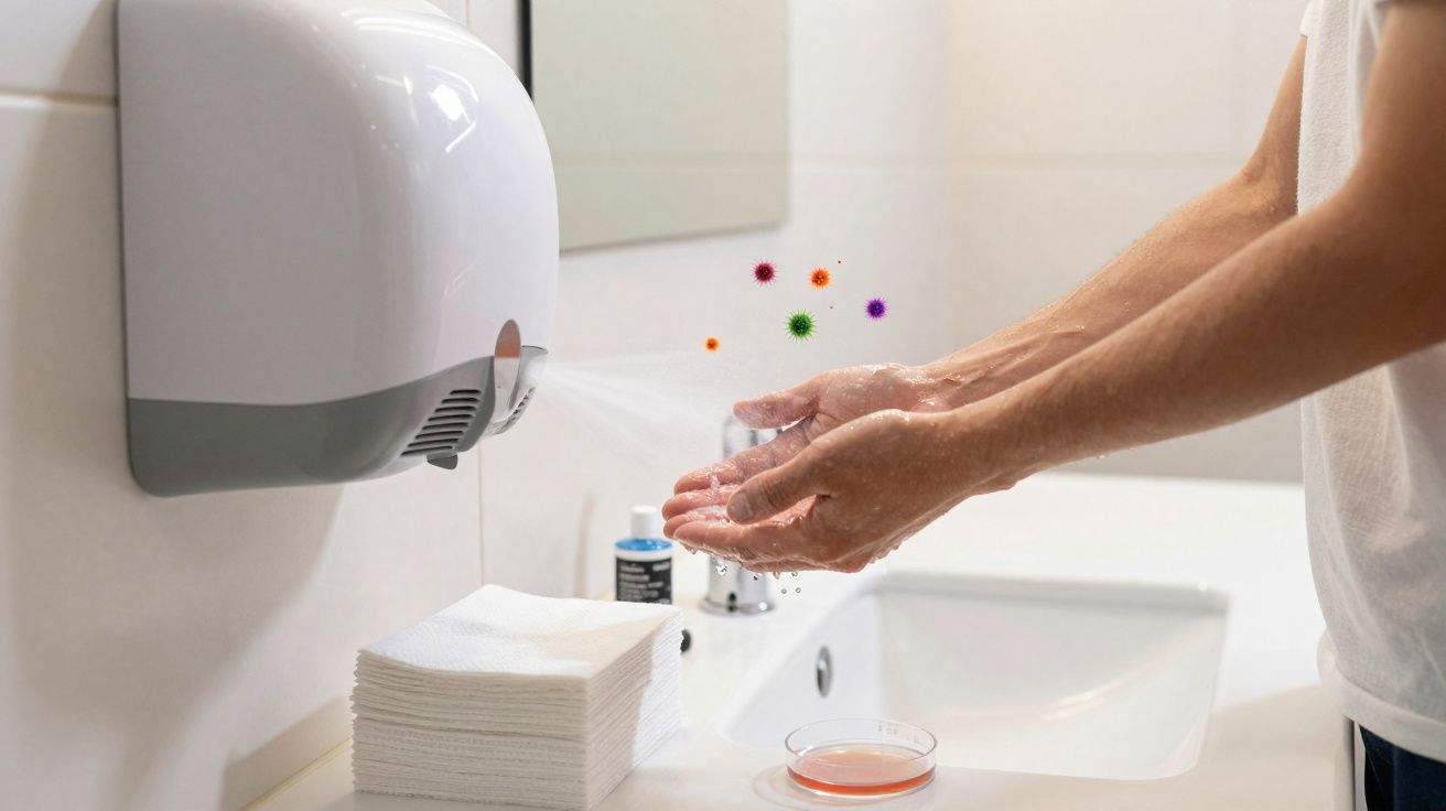 Pessoa secando as mãos com secador automático enquanto germes coloridos aparecem no ambiente.