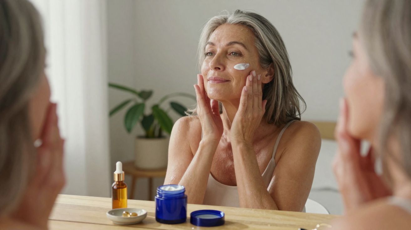 Mulher madura aplica creme facial sentada à mesa com produtos de skincare em frente a um espelho.