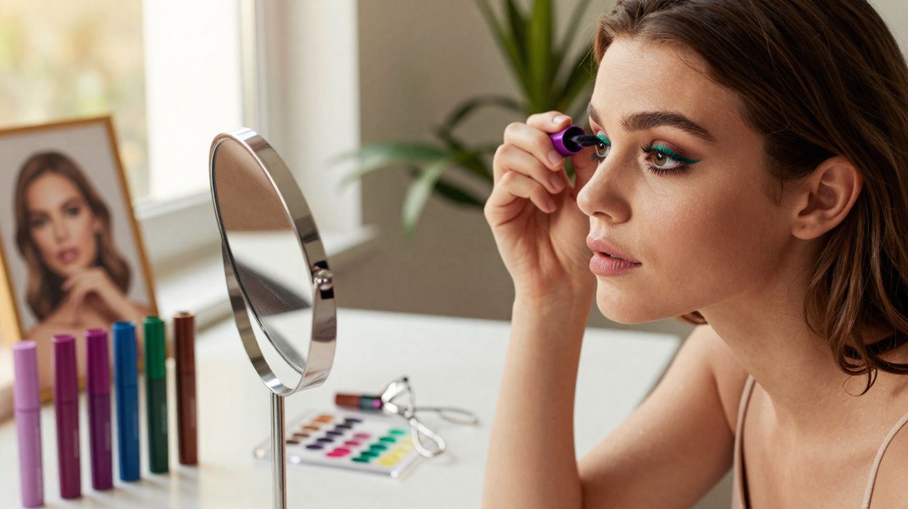 Mulher aplicando rímel azul em frente ao espelho com maquiagem colorida sobre a mesa.