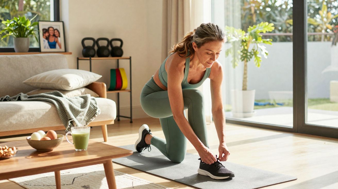 Mulher amarrando tênis em tapete de yoga na sala de estar durante treino em casa.