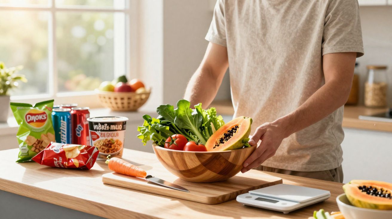 Pessoa preparando salada com verduras e tomate em bowl de madeira na cozinha iluminada natural.