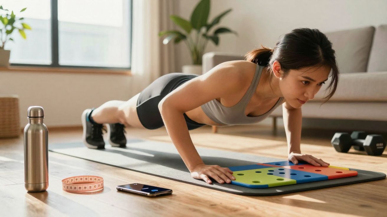 Mulher fazendo flexão no tapete de exercícios em sala com halteres e garrafa de água ao lado.