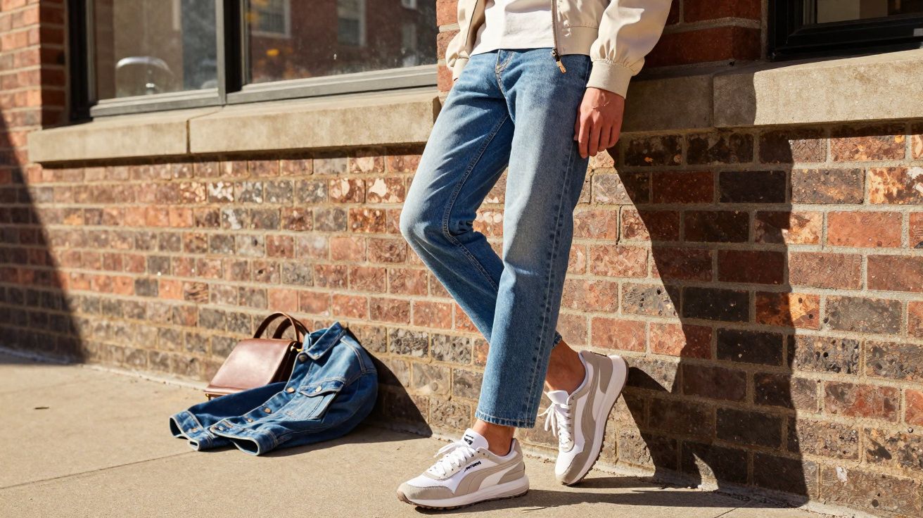 Pessoa encostada em parede de tijolos usando calça jeans, tênis branco e jaqueta jeans ao lado no chão.