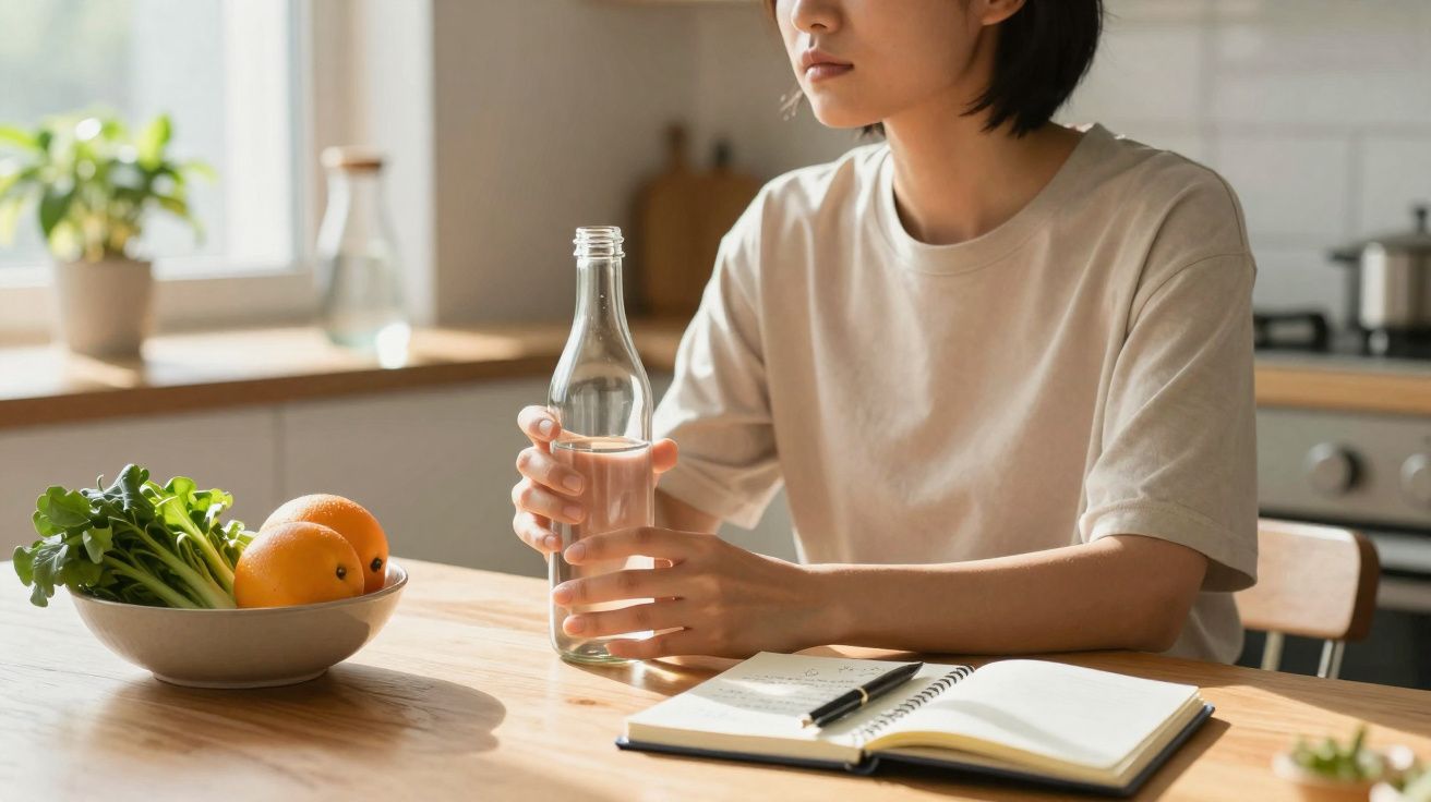 Pessoa segurando garrafa de vidro com água, sentada à mesa com caderno aberto e frutas ao lado.